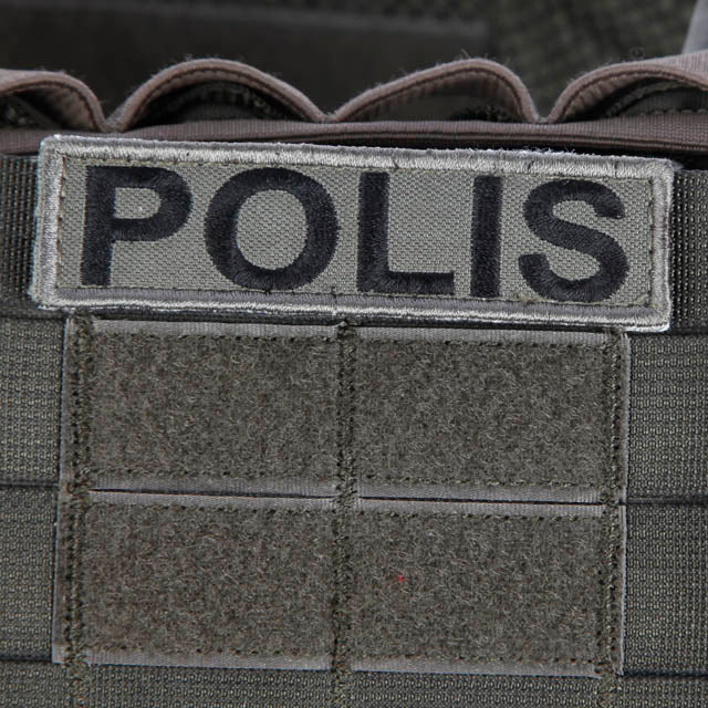 Snigel POLIS-märke (Small) 95 × 25 mm – Kardborremärke (Grå/Svart)
